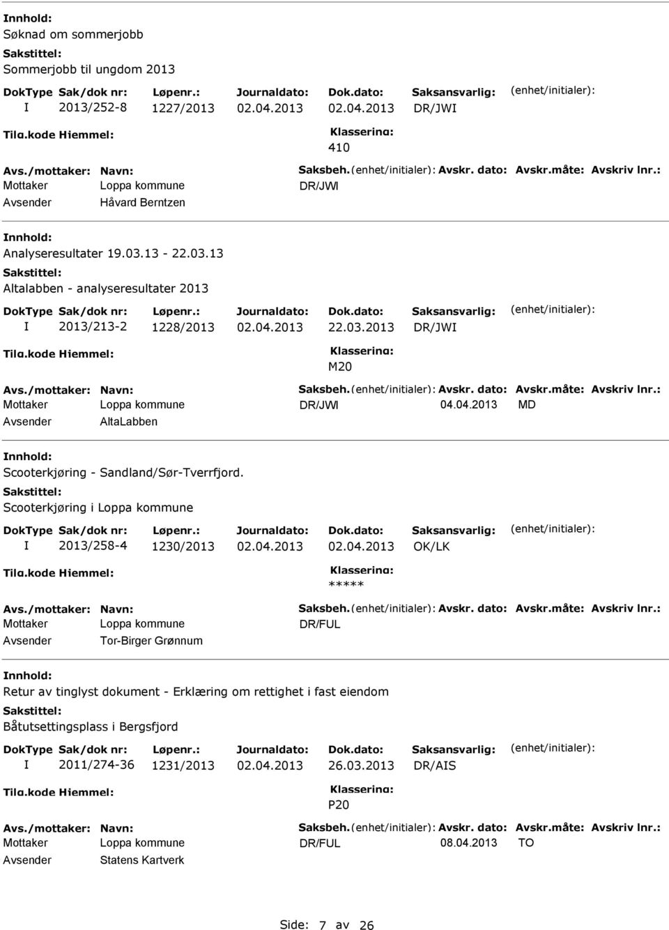 : DR/JW MD Avsender AltaLabben nnhold: Scooterkjøring - Sandland/Sør-Tverrfjord. Scooterkjøring i Loppa kommune 2013/258-4 1230/2013 Avs./mottaker: Navn: Saksbeh. Avskr. dato: Avskr.måte: Avskriv lnr.