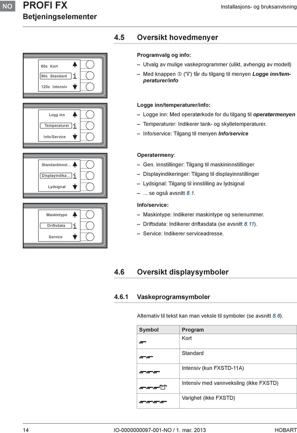 inn/temperaturer/info Logg inn Temperaturer Info/Service Logge inn/temperaturer/info: Logge inn: Med operatørkode for du tilgang til operatørmenyen Temperaturer: Indikerer tank- og skylletemperaturer.