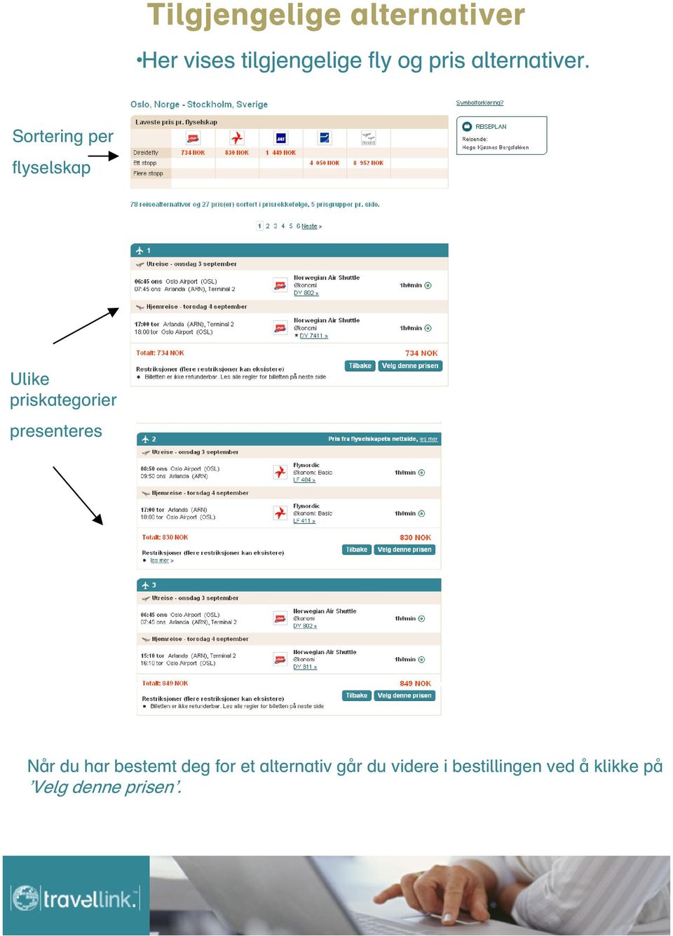 Sortering per flyselskap Ulike priskategorier presenteres