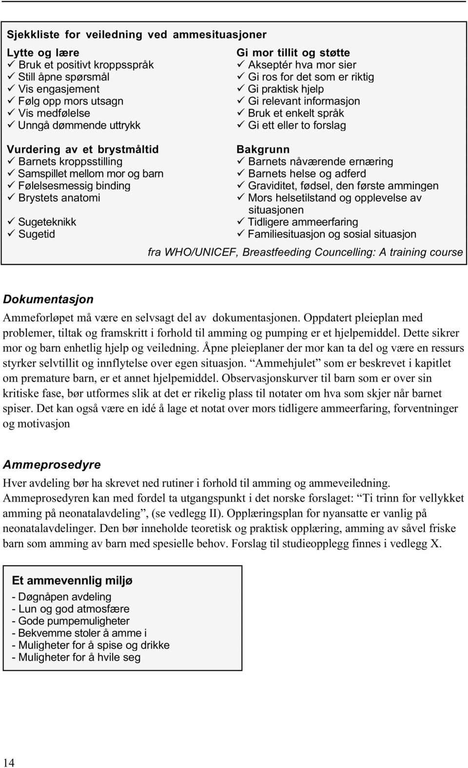 kroppsstilling Barnets nåværende ernæring Samspillet mellom mor og barn Barnets helse og adferd Følelsesmessig binding Graviditet, fødsel, den første ammingen Brystets anatomi Mors helsetilstand og