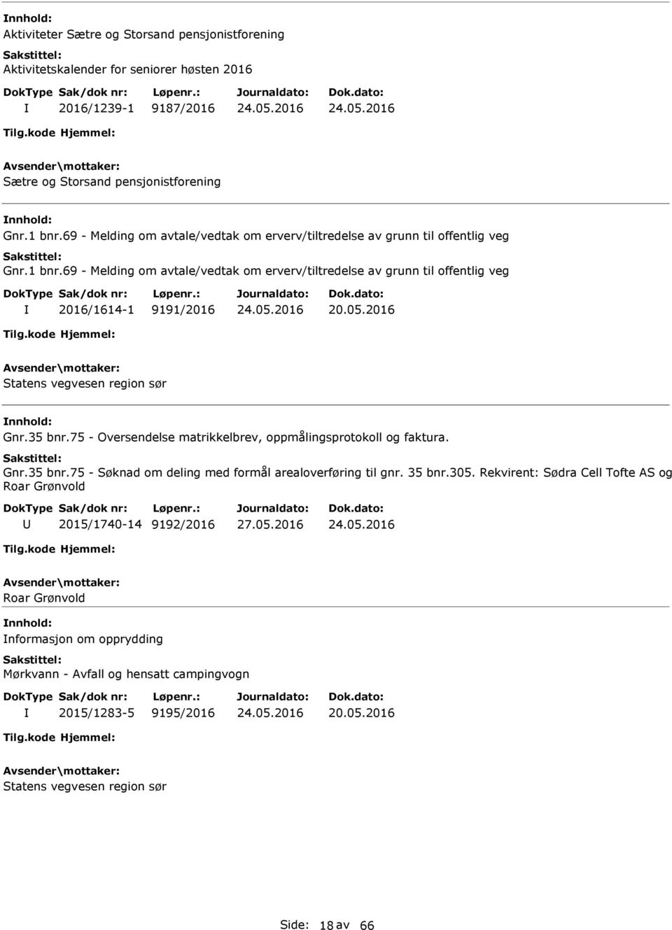 05.2016 Statens vegvesen region sør Gnr.35 bnr.75 - Oversendelse matrikkelbrev, oppmålingsprotokoll og faktura. Gnr.35 bnr.75 - Søknad om deling med formål arealoverføring til gnr. 35 bnr.305.