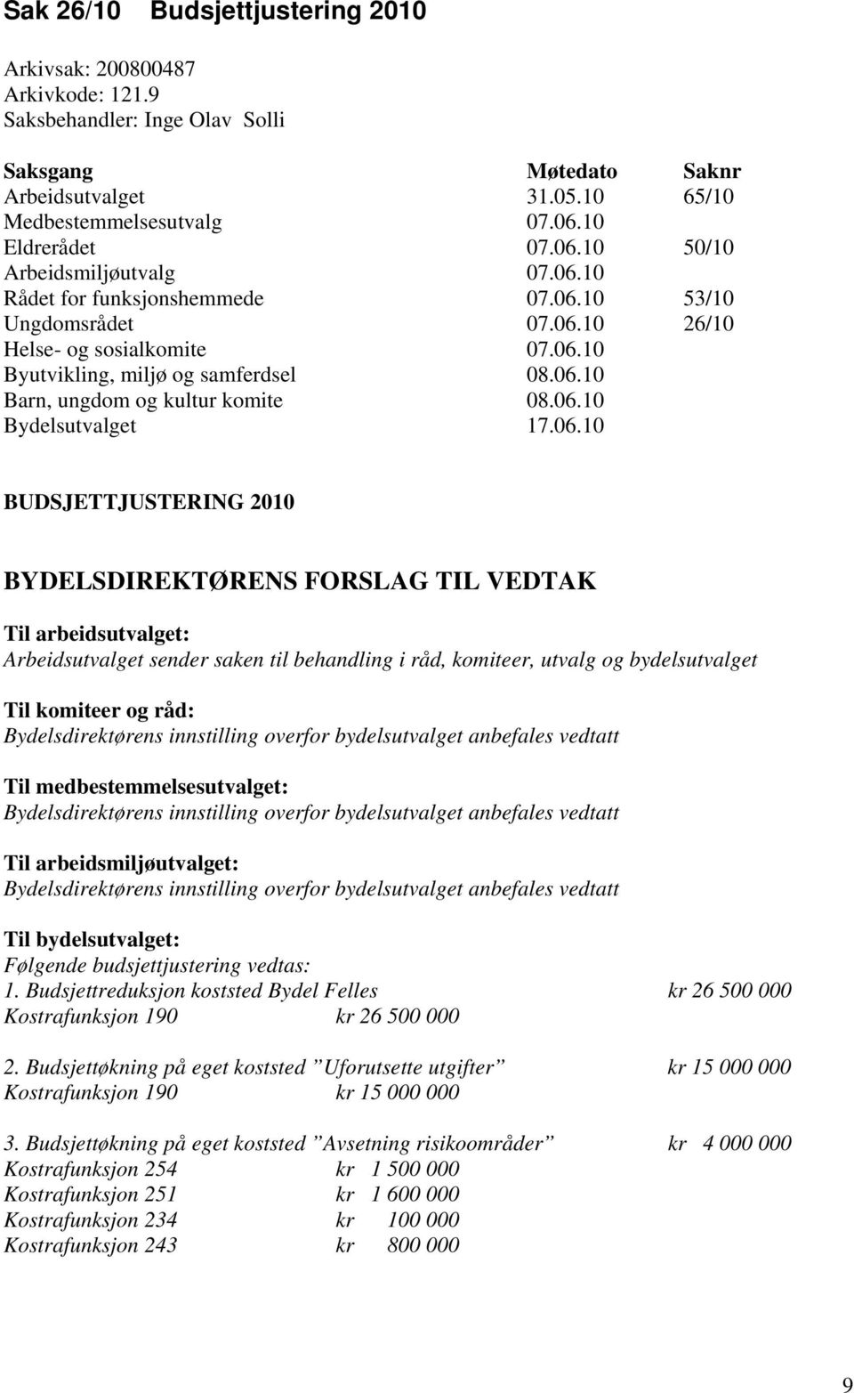 06.10 Bydelsutvalget 17.06.10 BUDSJETTJUSTERING 2010 BYDELSDIREKTØRENS FORSLAG TIL VEDTAK Til arbeidsutvalget: Arbeidsutvalget sender saken til behandling i råd, komiteer, utvalg og bydelsutvalget