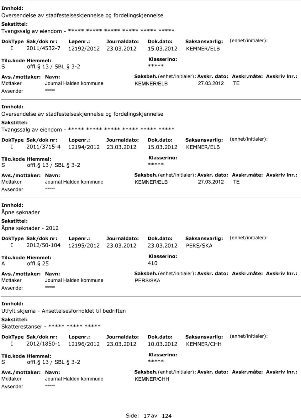 03.2012 KEMNER/ELB S offl. 13 / SBL 3-2 KEMNER/ELB TE nnhold: Åpne søknader Åpne søknader - 2012 2012/50-104 12195/2012 offl.