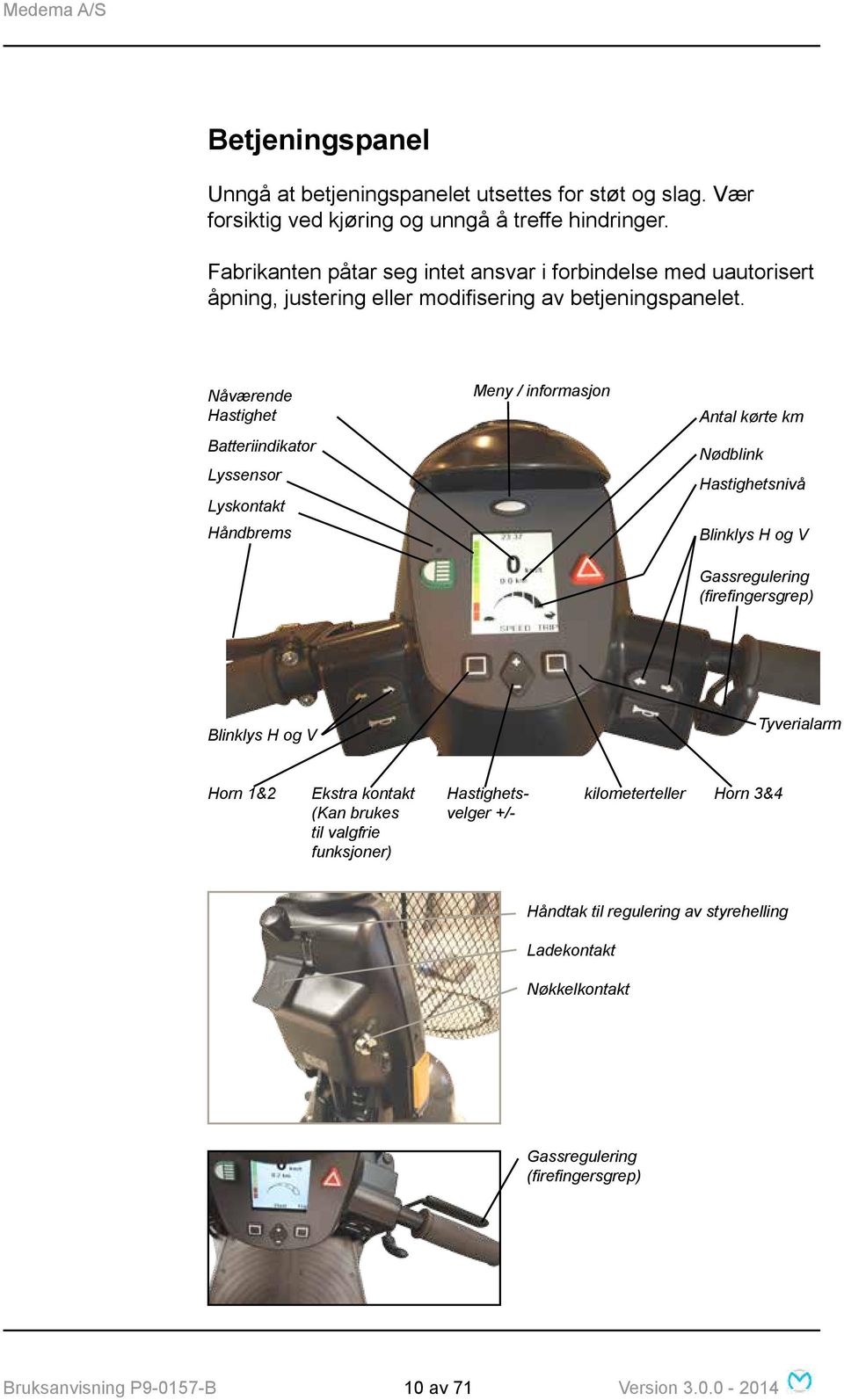 Nåværende Hastighet Batteriindikator Lyssensor Lyskontakt Håndbrems Meny / informasjon Antal kørte km Nødblink Hastighetsnivå Blinklys H og V Gassregulering (firefingersgrep)