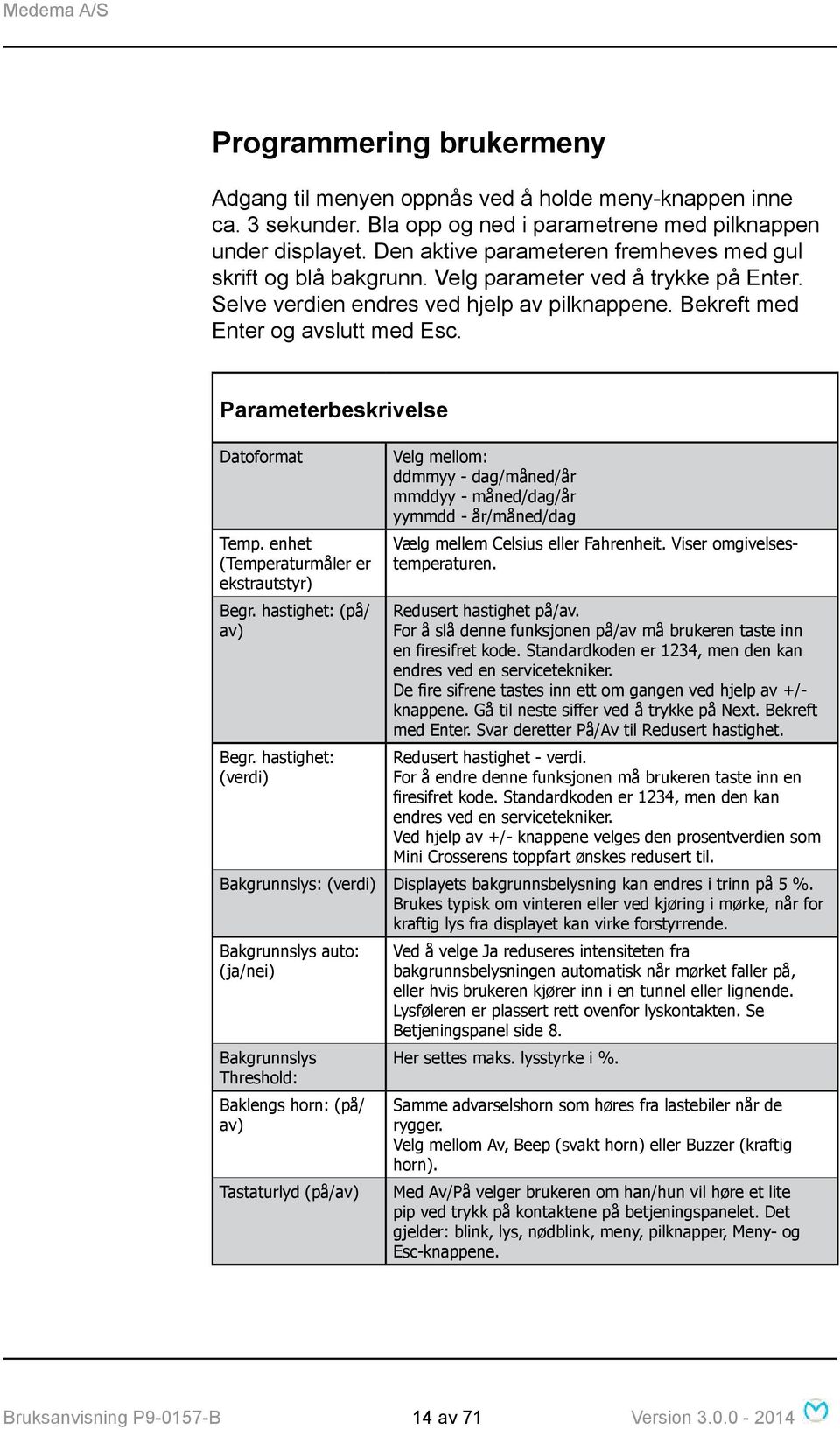 Parameterbeskrivelse Datoformat Temp. enhet (Temperaturmåler er ekstrautstyr) Begr. hastighet: (på/ av) Begr.