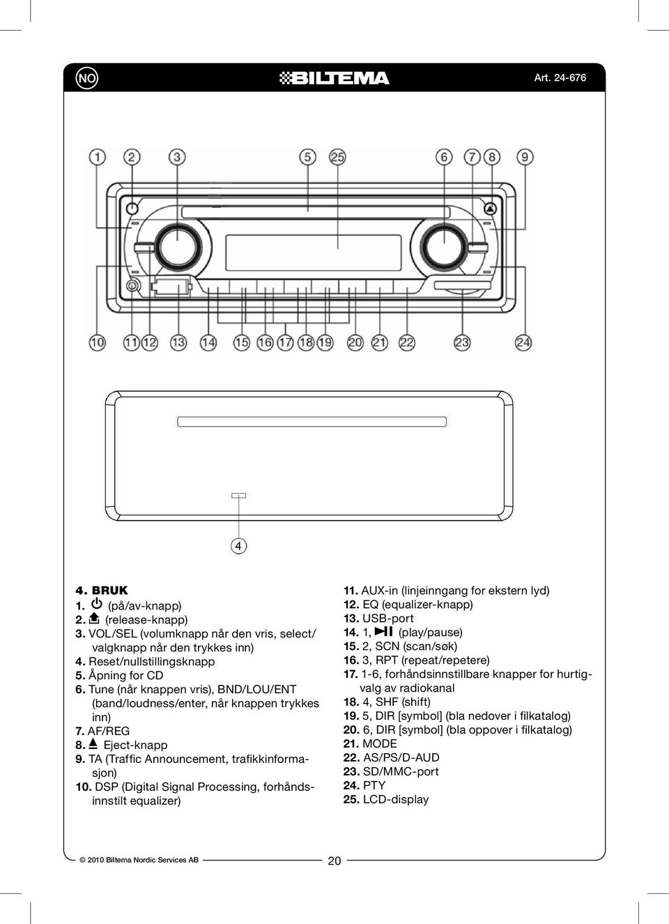 DSP (Digital Signal Processing, forhåndsinnstilt equalizer) 11. AUX-in (linjeinngang for ekstern lyd) 12. EQ (equalizer-knapp) 13. USB-port 14. 1, (play/pause) 15. 2, SCN (scan/søk) 16.