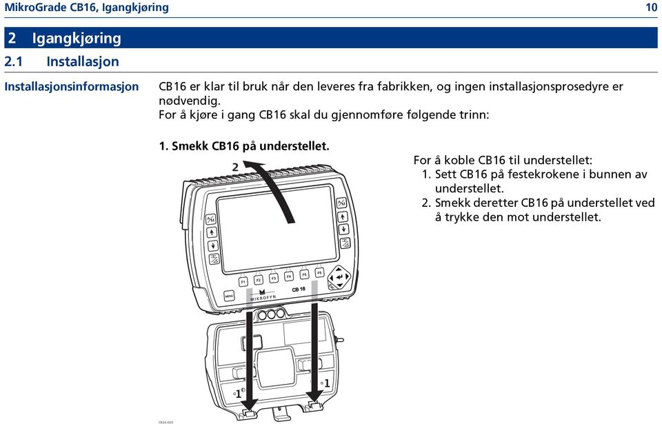 installasjonsprosedyre er nødvendig. For å kjøre i gang CB16 skal du gjennomføre følgende trinn: 1.