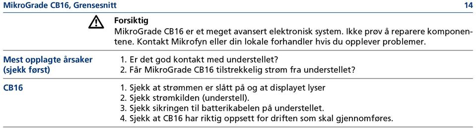 Er det god kontakt med understellet? 2. Får MikroGrade CB16 tilstrekkelig strøm fra understellet? 1.