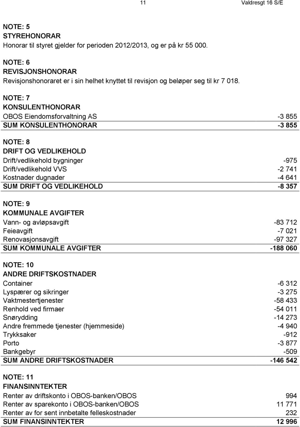 NOTE: 7 KONSULENTHONORAR OBOS Eiendomsforvaltning AS -3 855 SUM KONSULENTHONORAR -3 855 NOTE: 8 DRIFT OG VEDLIKEHOLD Drift/vedlikehold bygninger -975 Drift/vedlikehold VVS -2 741 Kostnader dugnader