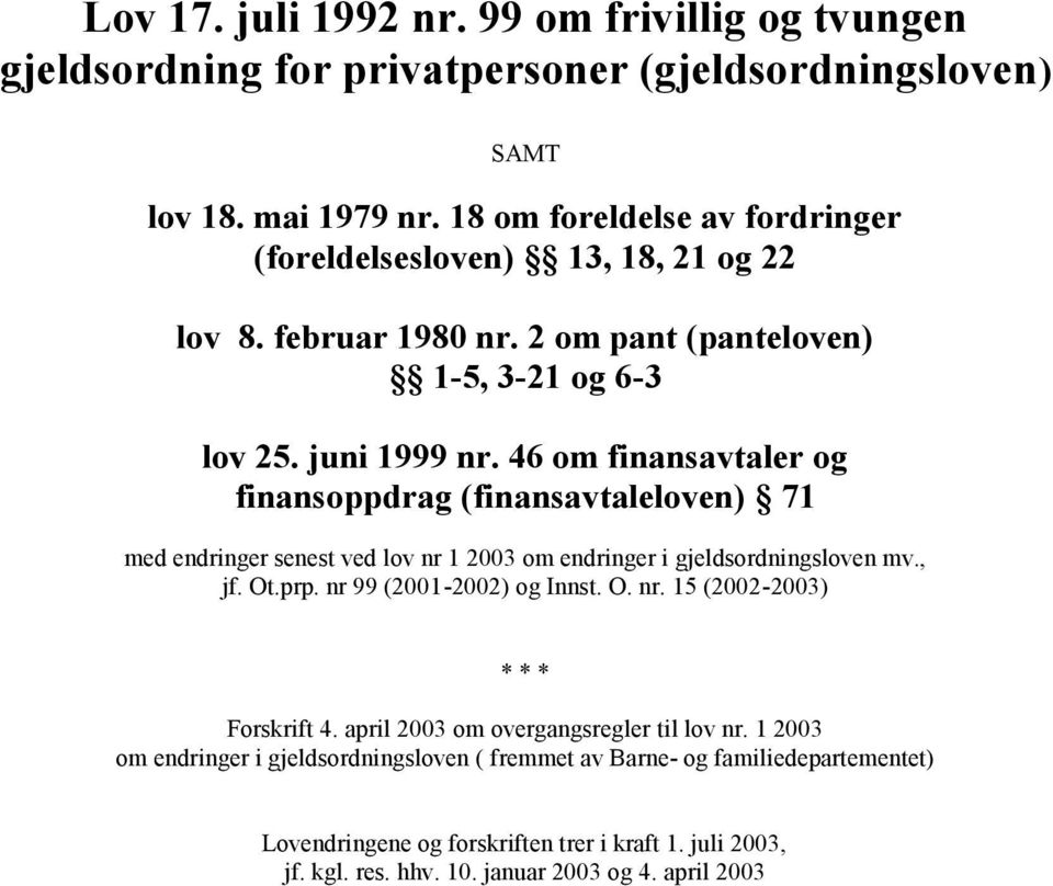 46 om finansavtaler og finansoppdrag (finansavtaleloven) 71 med endringer senest ved lov nr 1 2003 om endringer i gjeldsordningsloven mv., jf. Ot.prp. nr 99 (2001-2002) og Innst. O. nr. 15 (2002-2003) * * * Forskrift 4.