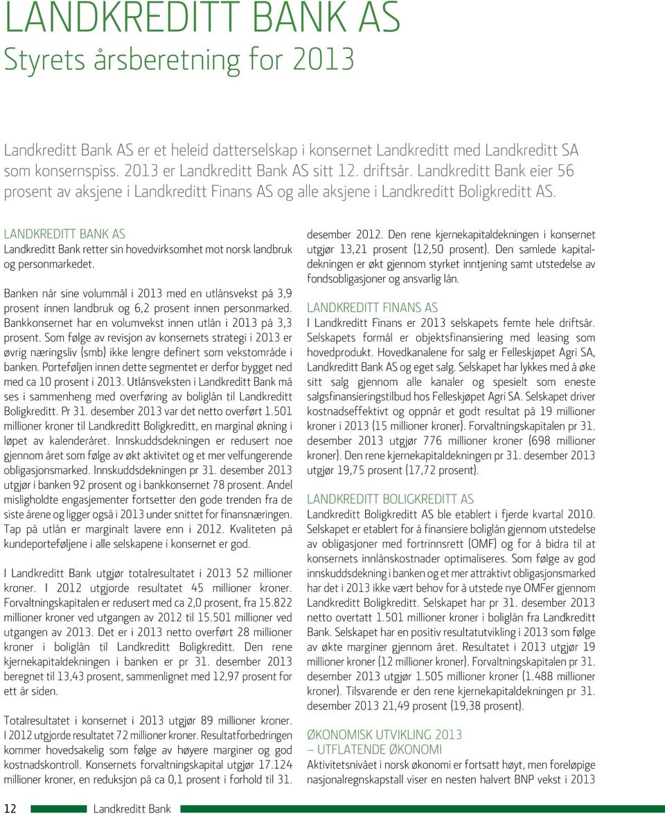 Landkreditt Bank AS Landkreditt Bank retter sin hovedvirksomhet mot norsk landbruk og personmarkedet.