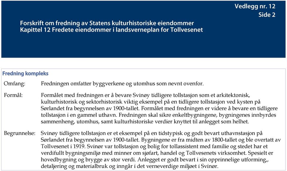 begynnelsen av 1900-tallet. Formålet med fredningen er videre å bevare en tidligere tollstasjon i en gammel uthavn.