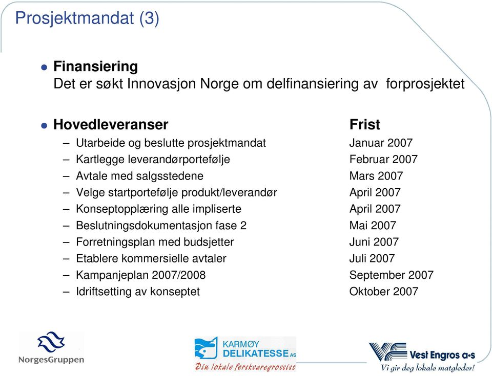 produkt/leverandør April 2007 Konseptopplæring alle impliserte April 2007 Beslutningsdokumentasjon fase 2 Mai 2007 Forretningsplan med