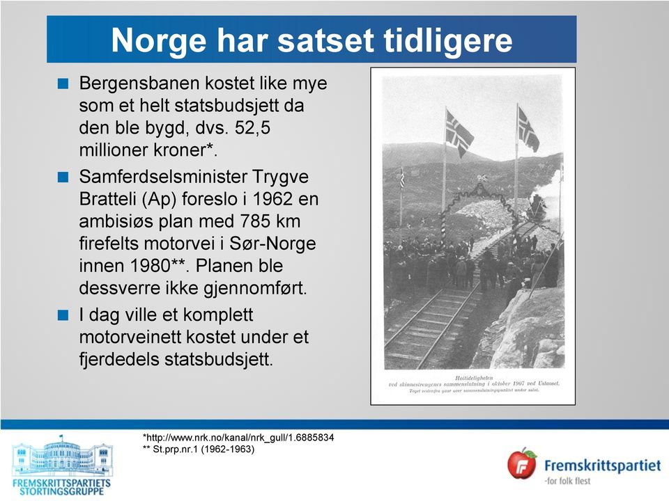 Samferdselsminister Trygve Bratteli (Ap) foreslo i 1962 en ambisiøs plan med 785 km firefelts motorvei i