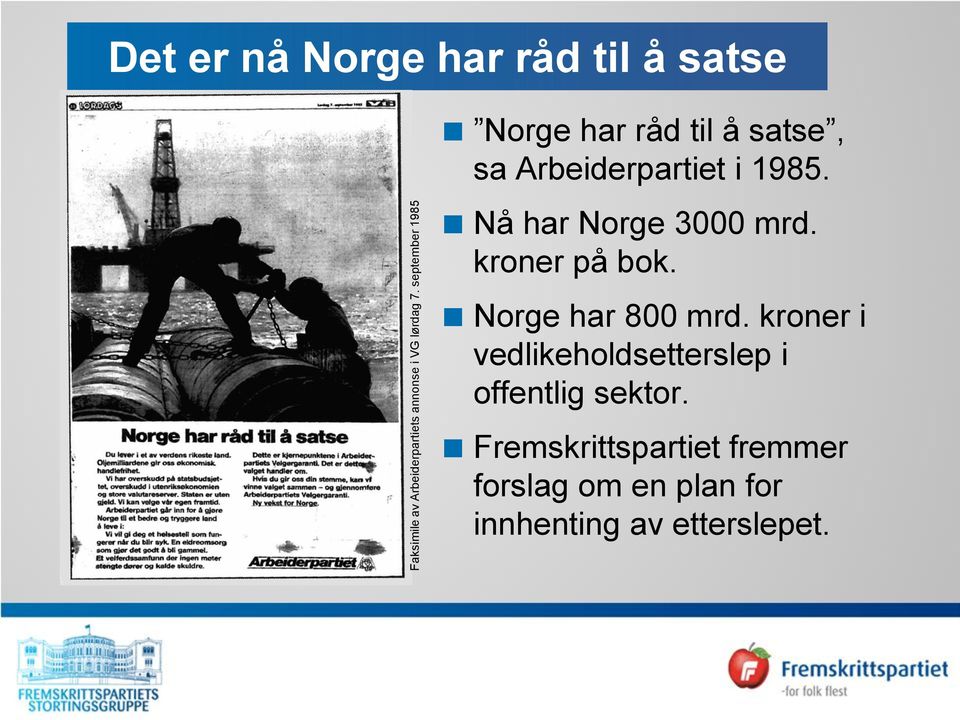 Arbeiderpartiet i 1985. Nå har Norge 3000 mrd. kroner på bok. Norge har 800 mrd.