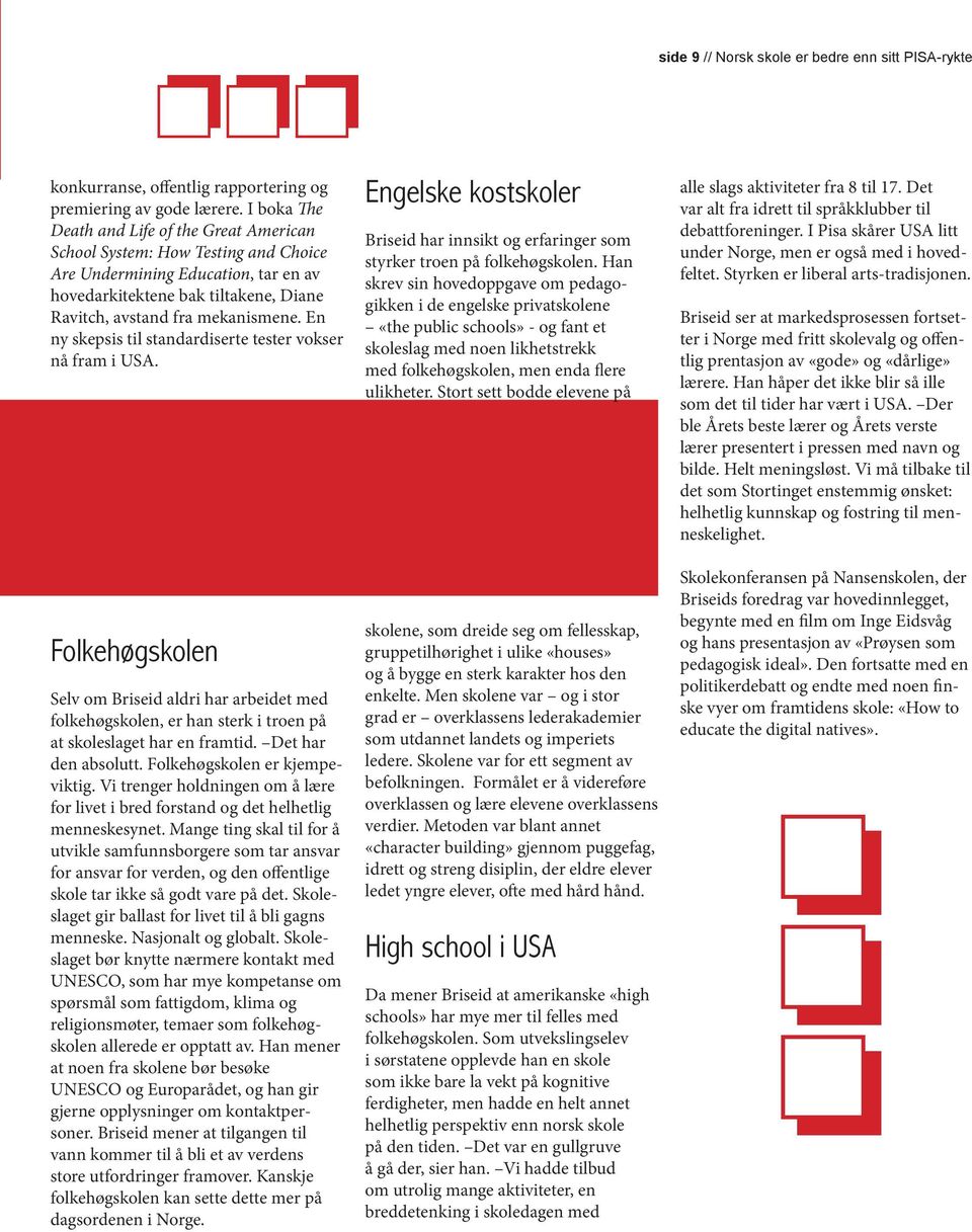 En ny skepsis til standardiserte tester vokser nå fram i USA. Engelske kostskoler Briseid har innsikt og erfaringer som styrker troen på folkehøgskolen.