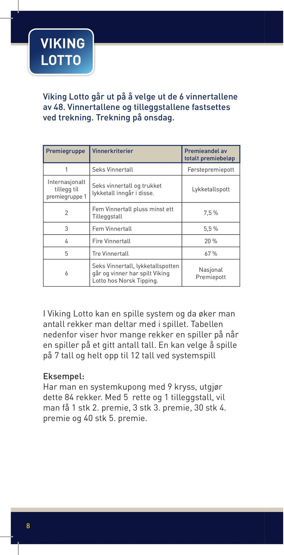 Lykketallspott Fem Vinnertall pluss minst ett Tilleggstall, % Fem Vinnertall, % Fire Vinnertall 0 % Tre Vinnertall % Seks Vinnertall, lykketallspotten går og vinner har spilt Viking Lotto hos Norsk