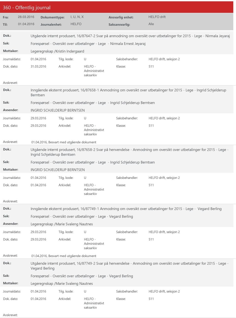 2016 Inngående eksternt produsert, 16/87658-1 Anmodning om oversikt over utbetalinger for 2015 - Lege - Ingrid Schjelderup Berntsen Forespørsel - Oversikt over utbetalinger - Lege - Ingrid