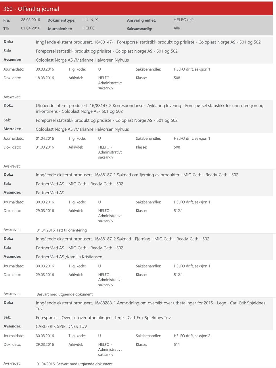 2016 508 tgående internt produsert, 16/88147-2 Korrespondanse - Avklaring levering - Forespørsel statistikk for urinretensjon og inkontinens - Coloplast Norge AS- 501 og 502 Forepørsel statistikk