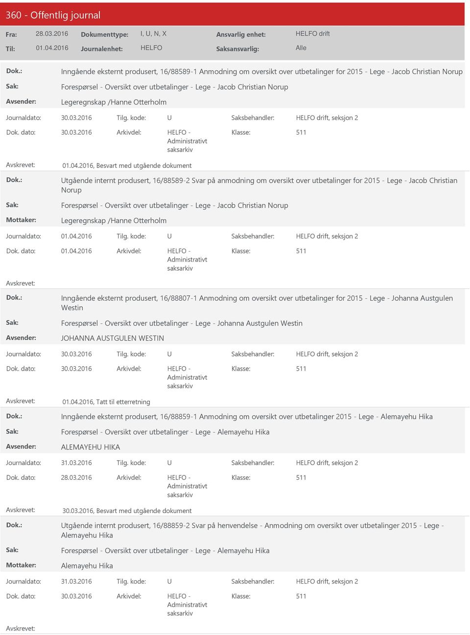 Norup Forespørsel - Oversikt over utbetalinger - Lege - Jacob Christian Norup Legeregnskap /Hanne Otterholm Inngående eksternt produsert, 16/88807-1 Anmodning om oversikt over utbetalinger for 2015 -