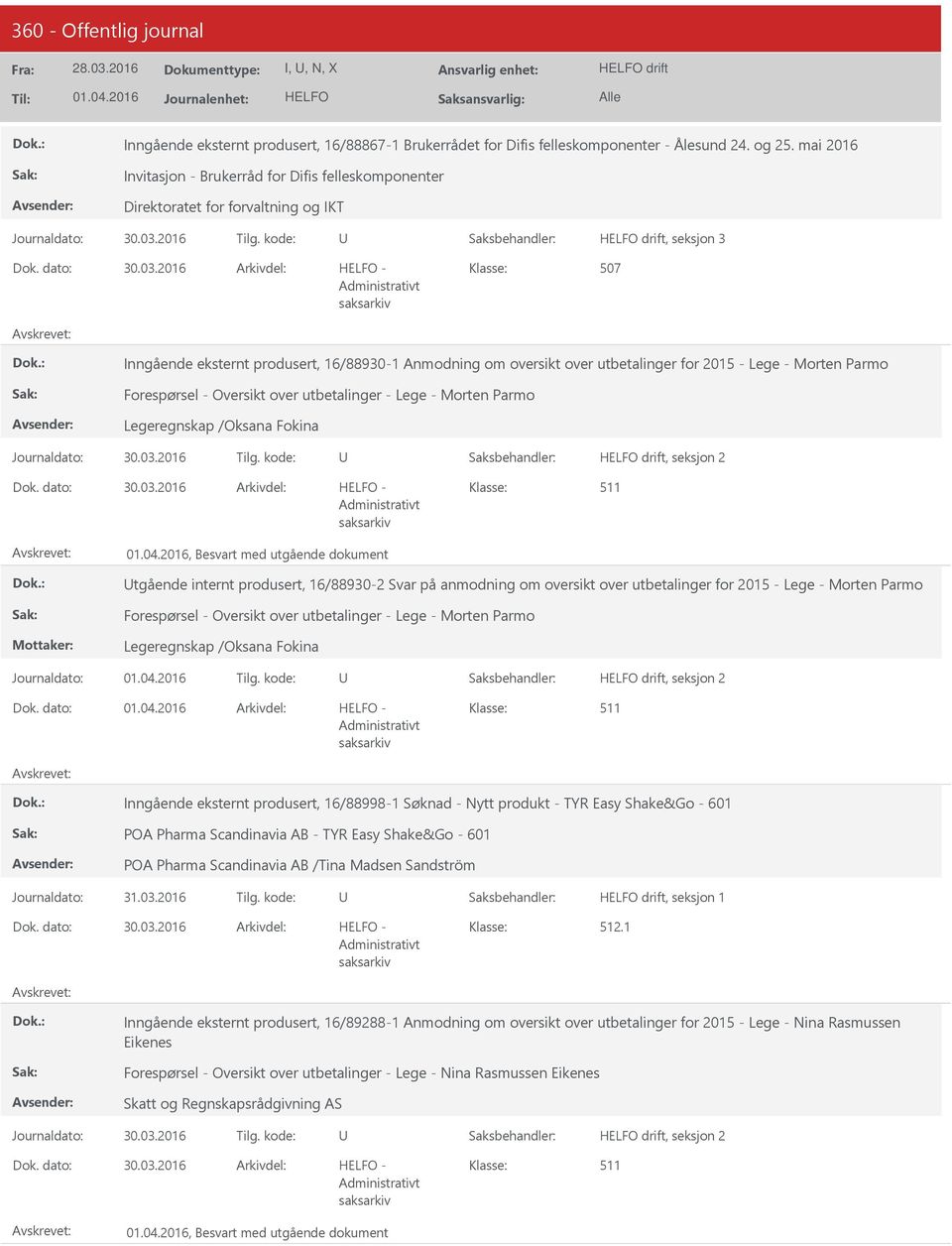 for 2015 - Lege - Morten Parmo Forespørsel - Oversikt over utbetalinger - Lege - Morten Parmo Legeregnskap /Oksana Fokina, Besvart med utgående dokument tgående internt produsert, 16/88930-2 Svar på