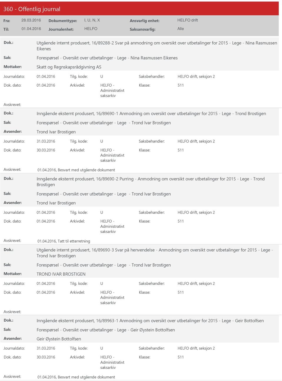 utbetalinger - Lege - Trond Ivar Brostigen Trond Ivar Brostigen, Besvart med utgående dokument Inngående eksternt produsert, 16/89690-2 Purring - Anmodning om oversikt over utbetalinger for 2015 -