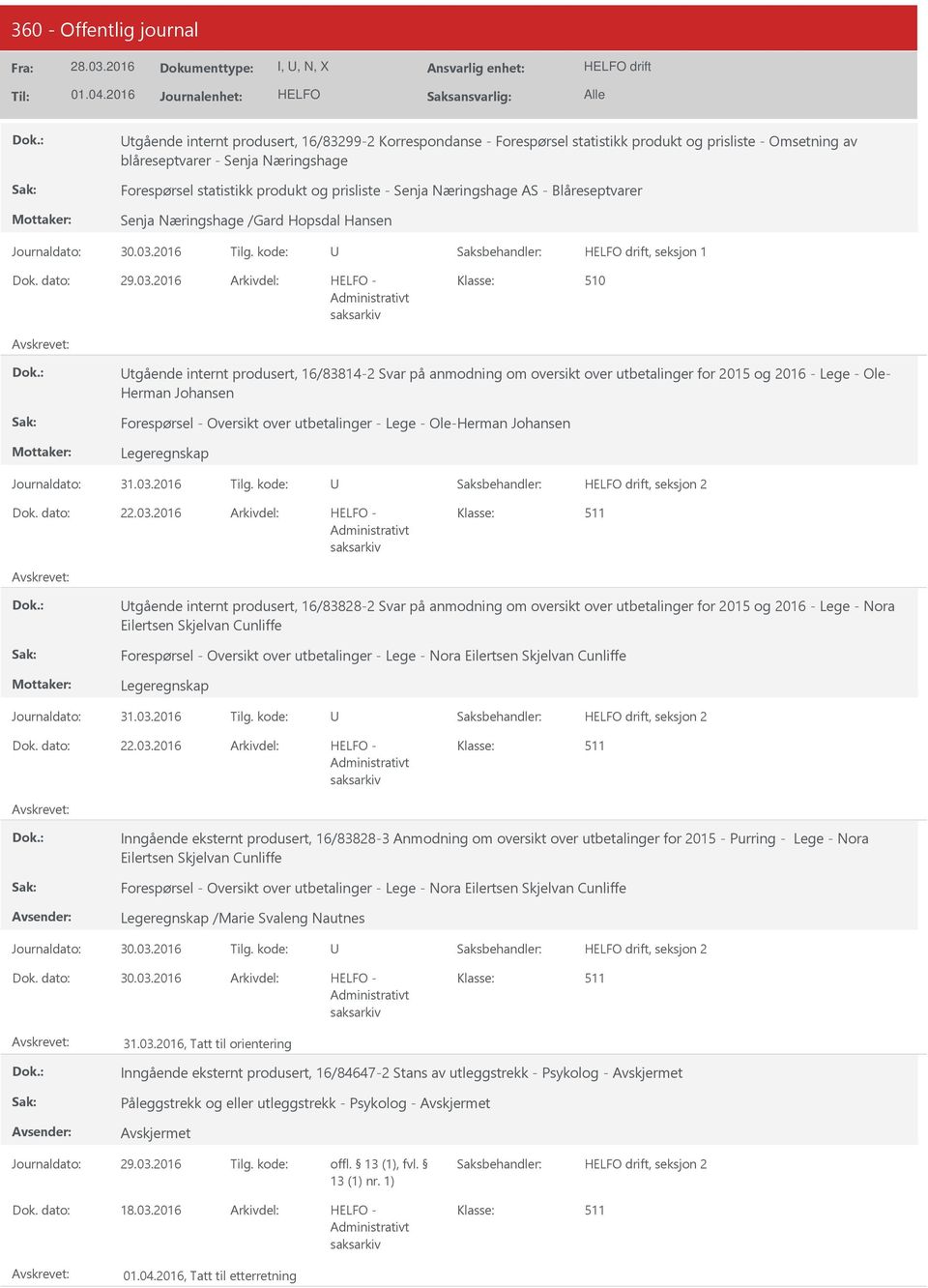 2016 0 tgående internt produsert, 16/83814-2 Svar på anmodning om oversikt over utbetalinger for 2015 og 2016 - Lege - Ole- Herman Johansen Forespørsel - Oversikt over utbetalinger - Lege -