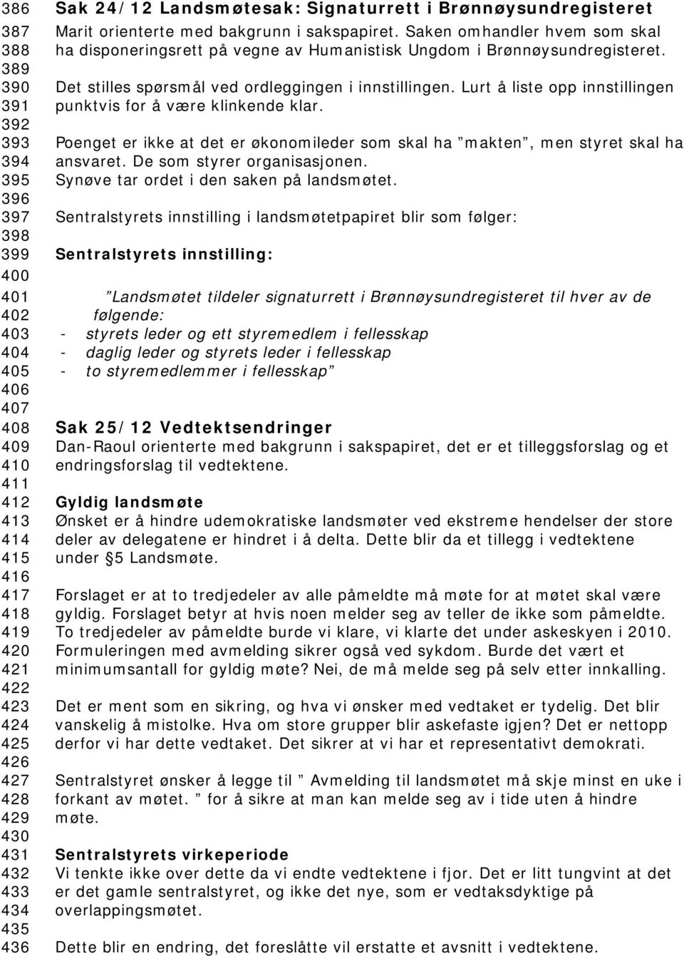 Saken omhandler hvem som skal ha disponeringsrett på vegne av Humanistisk Ungdom i Brønnøysundregisteret. Det stilles spørsmål ved ordleggingen i innstillingen.