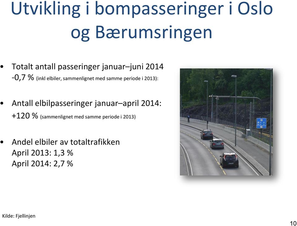 elbilpasseringer januar april 2014: +120 % (sammenlignet med samme periode i 2013)