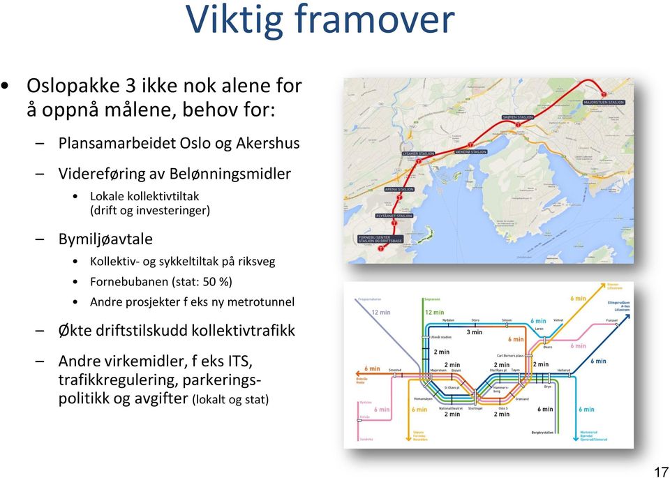 sykkeltiltak på riksveg Fornebubanen (stat: 50 %) Andre prosjekter f eks ny metrotunnel Økte driftstilskudd