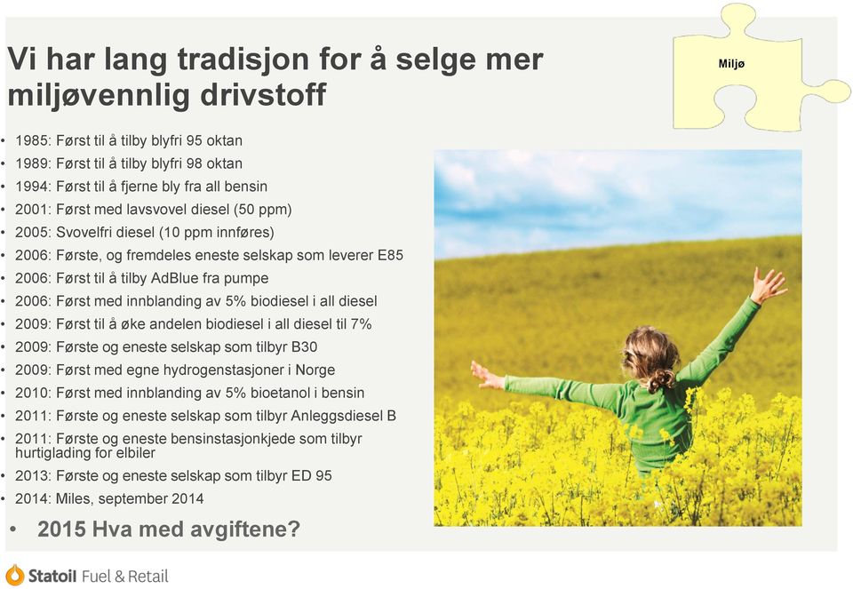 innblanding av 5% biodiesel i all diesel 2009: Først til å øke andelen biodiesel i all diesel til 7% 2009: Første og eneste selskap som tilbyr B30 2009: Først med egne hydrogenstasjoner i Norge 2010: