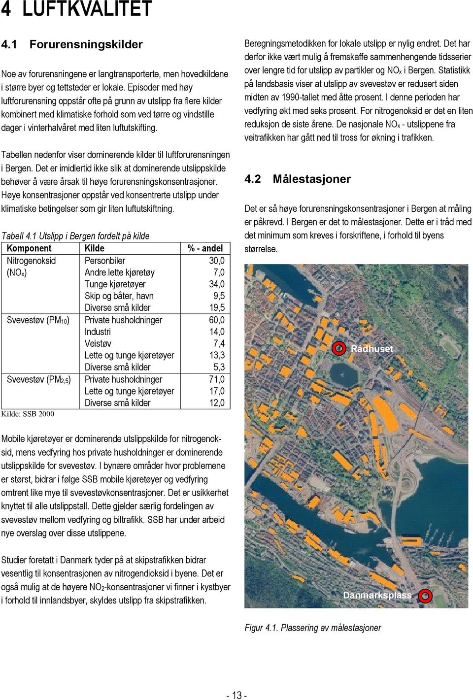 Tabellen nedenfor viser dominerende kilder til luftforurensningen i Bergen. Det er imidlertid ikke slik at dominerende utslippskilde behøver å være årsak til høye forurensningskonsentrasjoner.