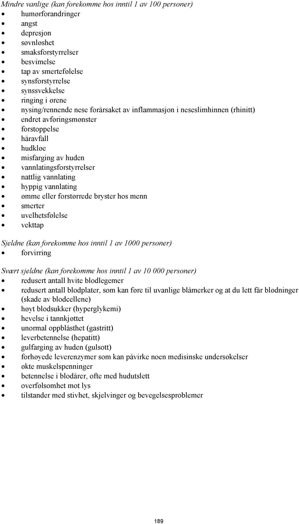 hyppig vannlating ømme eller forstørrede bryster hos menn smerter uvelhetsfølelse vekttap Sjeldne (kan forekomme hos inntil 1 av 1000 personer) forvirring Svært sjeldne (kan forekomme hos inntil 1 av