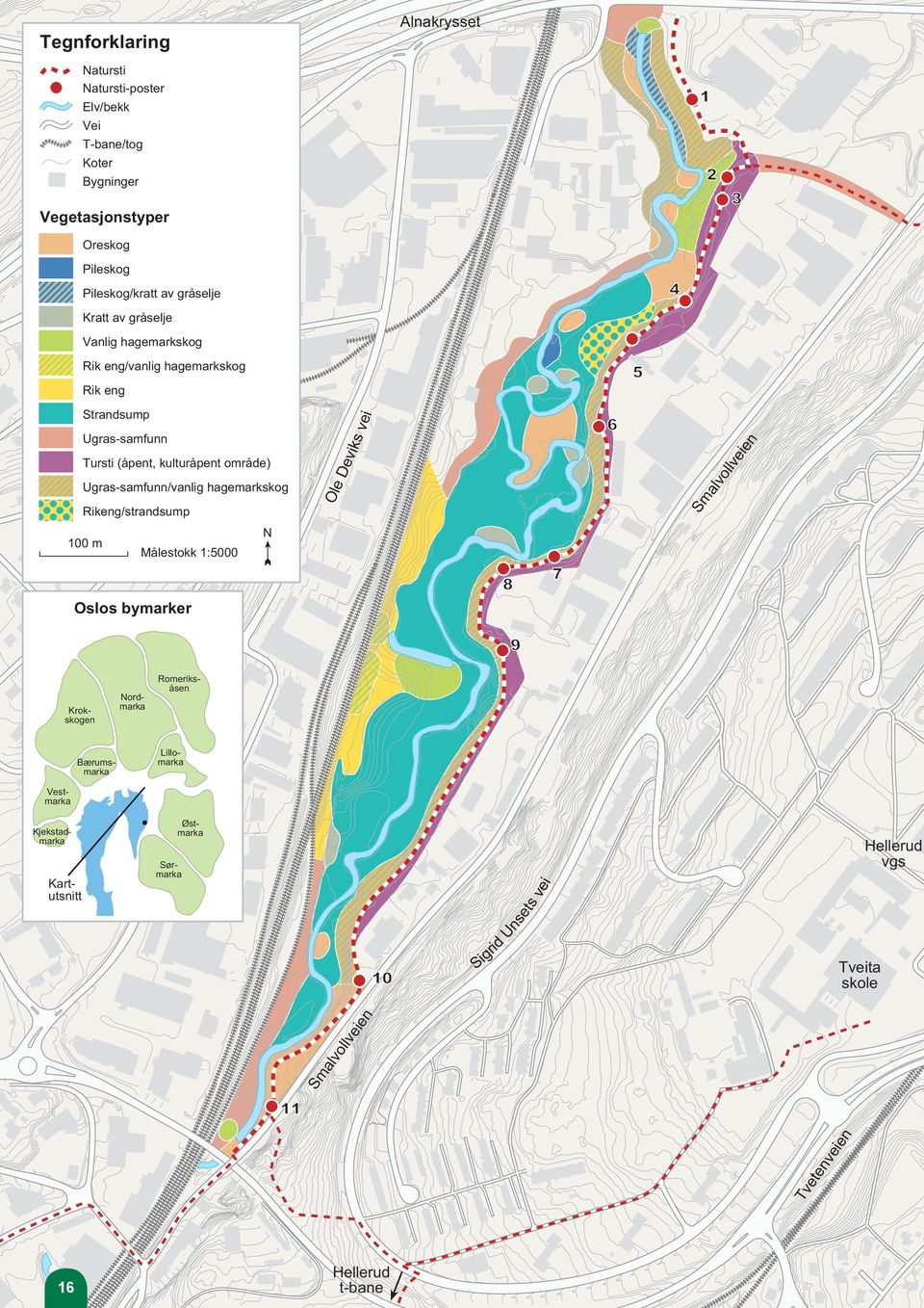 Ugras-samfunn/vanlig hagemarkskog Rikeng/strandsump N 100 m Målestokk 1:5000 Ole Deviks vei Smalvollveien Oslos bymarker Bærumsmarka Vestmarka