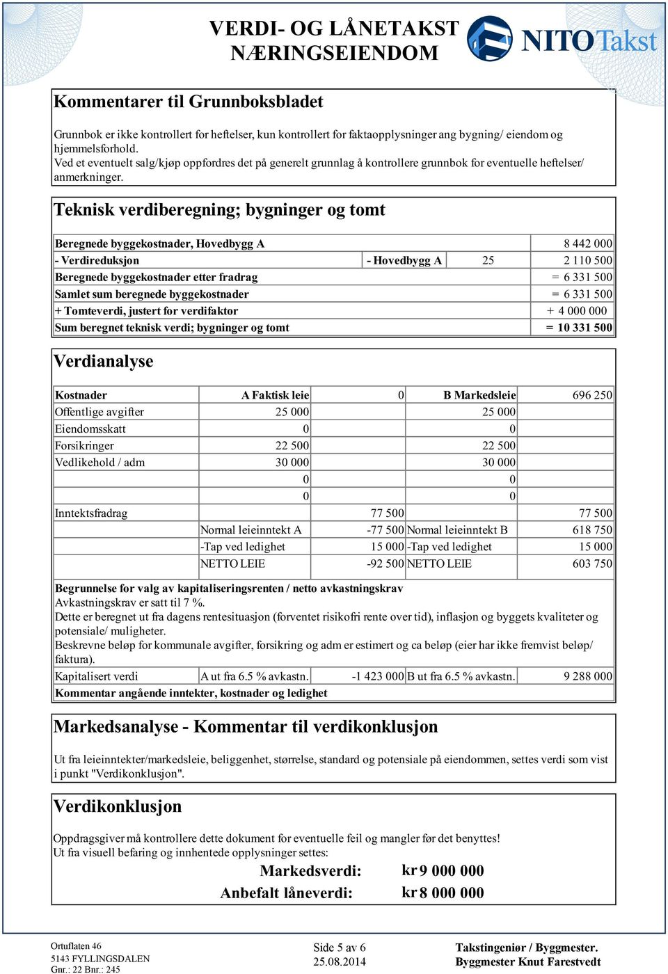 Verdireduksjon - Hovedbygg A 25 2 110 500 Beregnede byggekostnader etter fradrag = 6 331 500 Samlet sum beregnede byggekostnader = 6 331 500 + Tomteverdi, justert for verdifaktor + 4 000 000 Sum