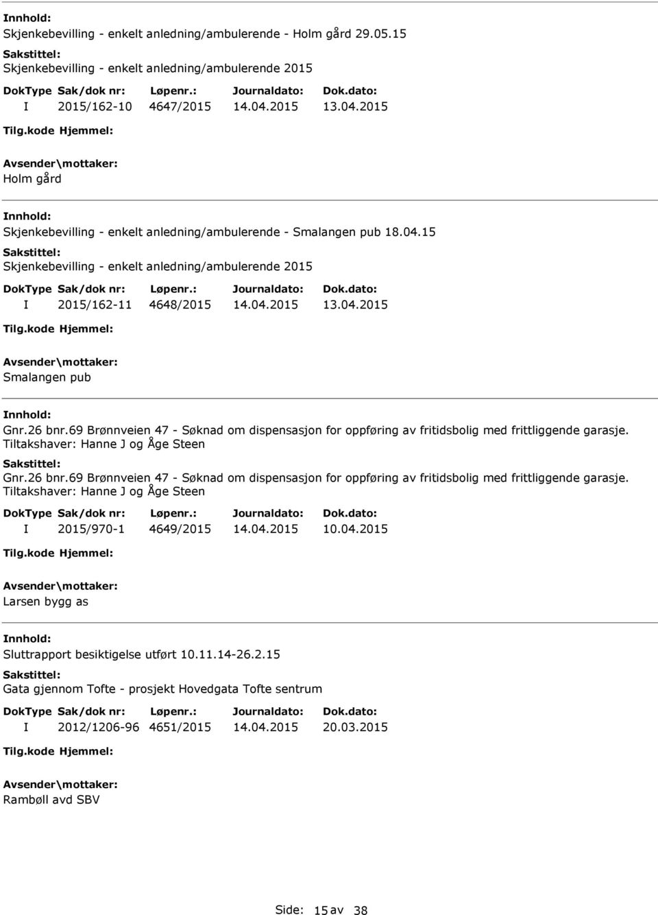 15 Skjenkebevilling - enkelt anledning/ambulerende 2015 2015/162-11 4648/2015 Smalangen pub Gnr.26 bnr.