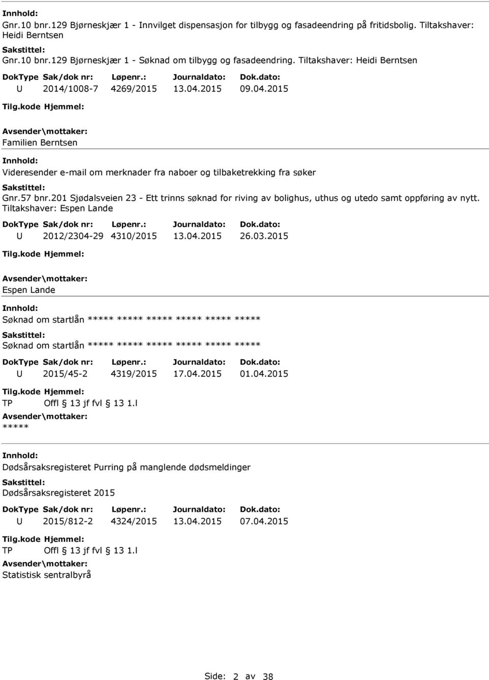 201 Sjødalsveien 23 - Ett trinns søknad for riving av bolighus, uthus og utedo samt oppføring av nytt. Tiltakshaver: Espen Lande 2012/2304-29 4310/2015 26.03.