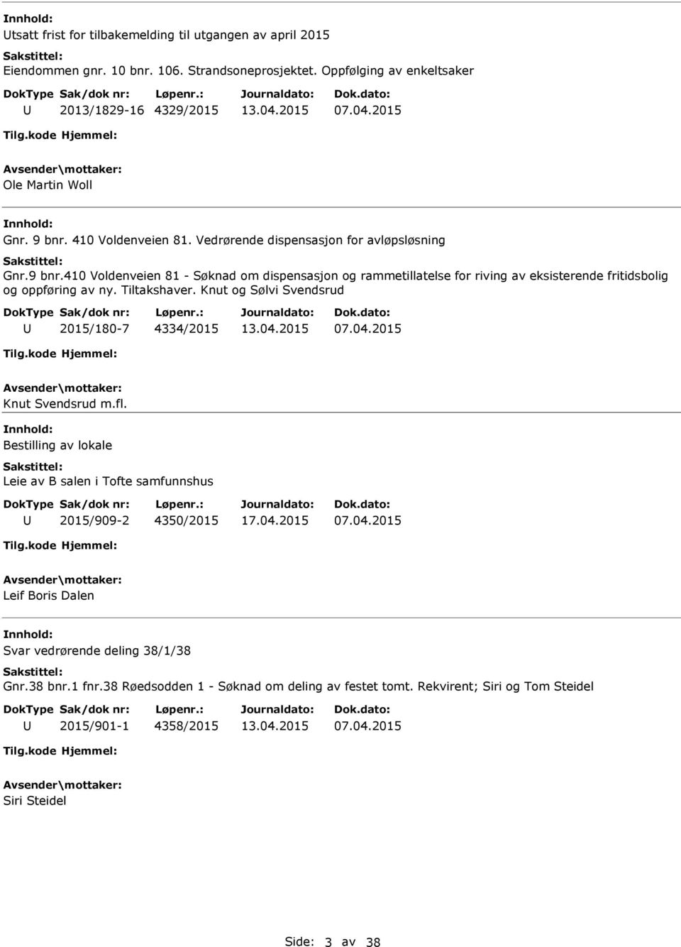 Tiltakshaver. Knut og Sølvi Svendsrud 2015/180-7 4334/2015 07.04.2015 Knut Svendsrud m.fl. Bestilling av lokale Leie av B salen i Tofte samfunnshus 2015/909-2 4350/2015 07.04.2015 Leif Boris Dalen Svar vedrørende deling 38/1/38 Gnr.