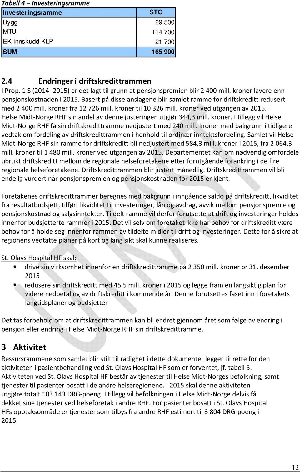 Basert på disse anslagene blir samlet ramme for driftskreditt redusert med 2 400 mill. kroner fra 12 726 mill. kroner til 10 326 mill. kroner ved utgangen av 2015.