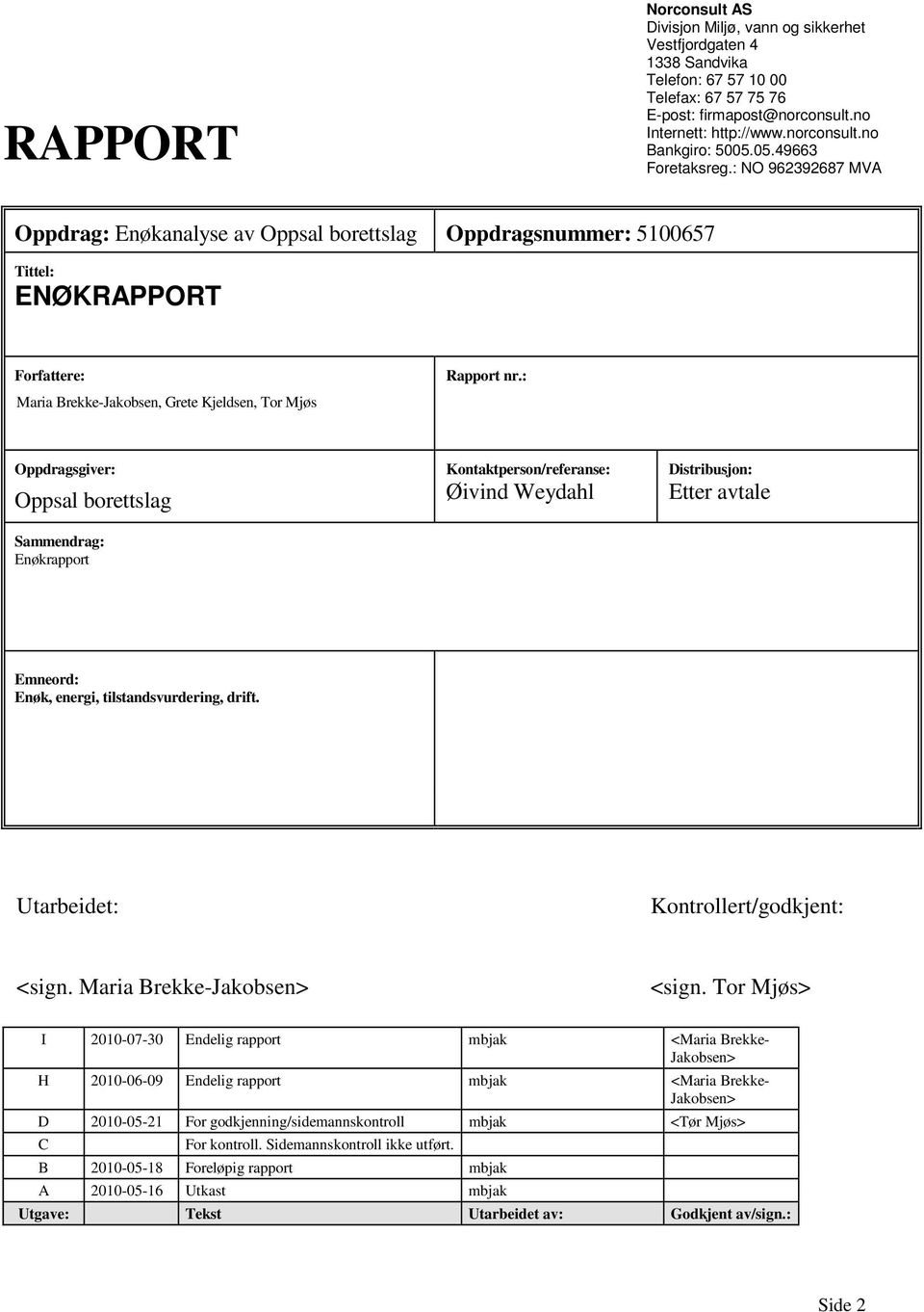 : Oppdragsgiver: Oppsal borettslag Sammendrag: Enøkrapport Kontaktperson/referanse: Øivind Weydahl Distribusjon: Etter avtale Emneord: Enøk, energi, tilstandsvurdering, drift.