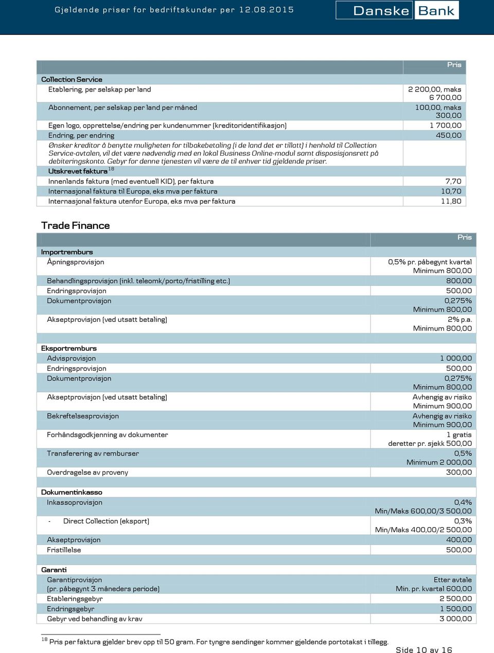 være nødvendig med en lokal Business Online-modul samt disposisjonsrett på debiteringskonto. Gebyr for denne tjenesten vil være de til enhver tid gjeldende priser.