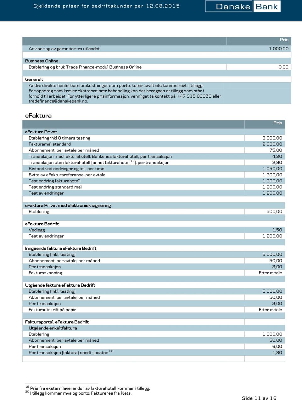 For ytterligere prisinformasjon, vennligst ta kontakt på +47 915 06030 eller tradefinance@danskebank.no.