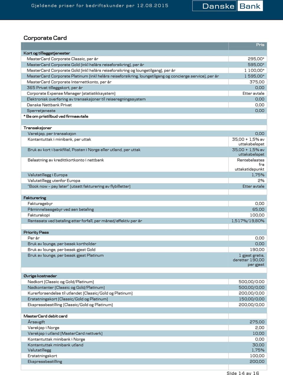 per år 375,00 365 Privat tilleggskort, per år 0,00 Corporate Expense Manager (statistikksystem) Etter avtale Elektronisk overføring av er til reiseregningssystem 0,00 Danske Nettbank Privat 0,00