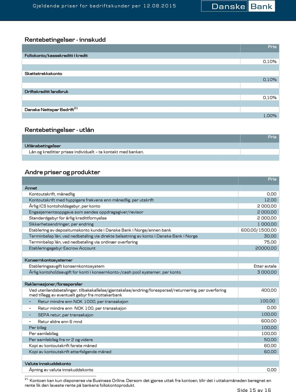 Andre priser og produkter Annet Kontoutskrift, månedlig 0,00 Kontoutskrift med hyppigere frekvens enn månedlig, per utskrift 12,00 Årlig ICS kontoholdsgebyr, per konto 2 000,00 Engasjementsoppgave