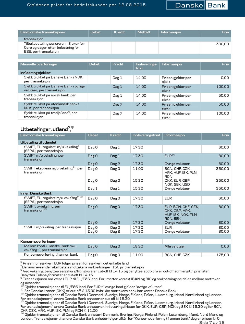 00 en gjelder per valutaer, per sjekk Sjekk trukket på norsk bank, per 14.00 en gjelder per sjekk Sjekk trukket på utenlandsk bank i Dag 7 14.