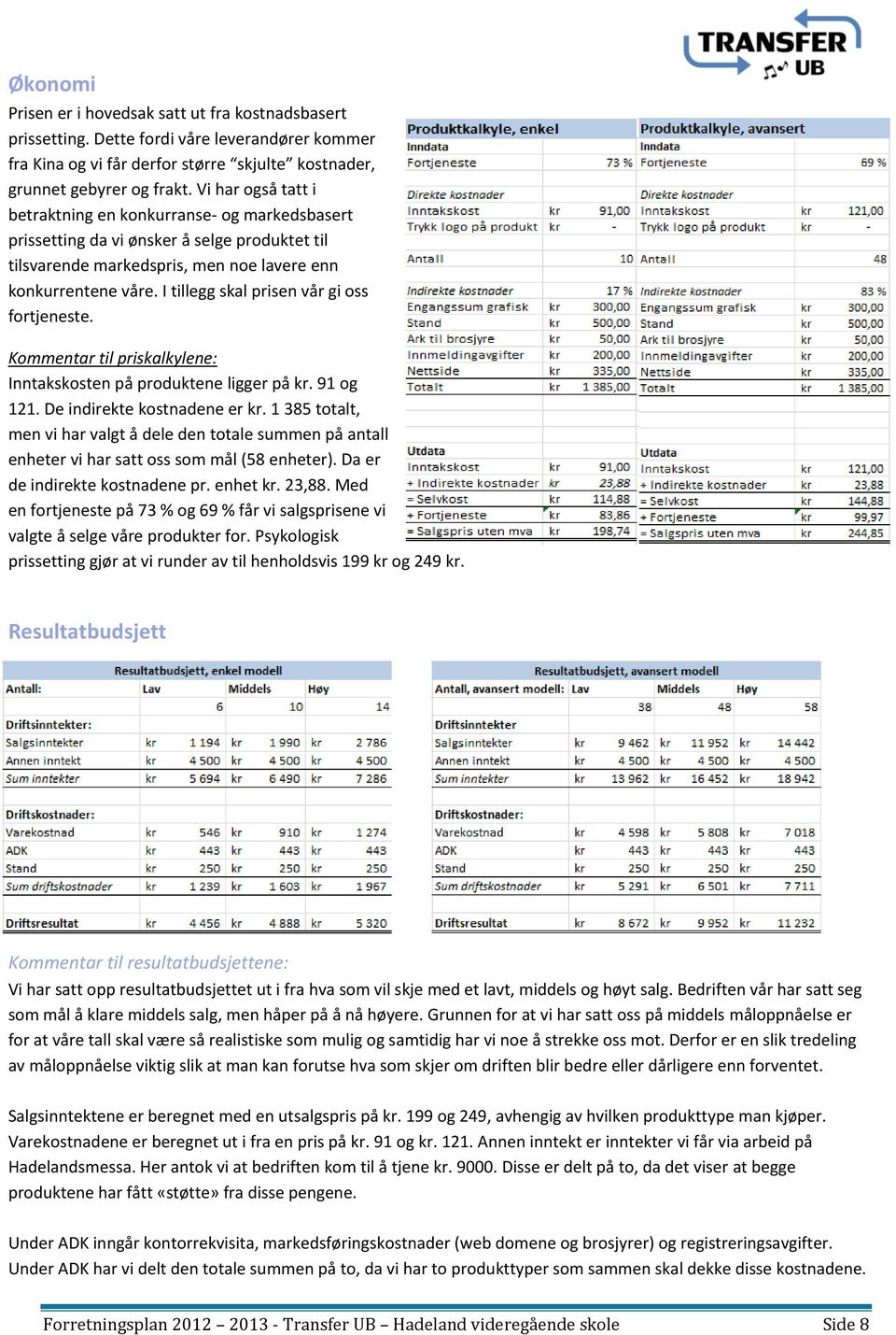 I tillegg skal prisen vår gi oss fortjeneste. Kommentar til priskalkylene: Inntakskosten på produktene ligger på kr. 91 og 121. De indirekte kostnadene er kr.