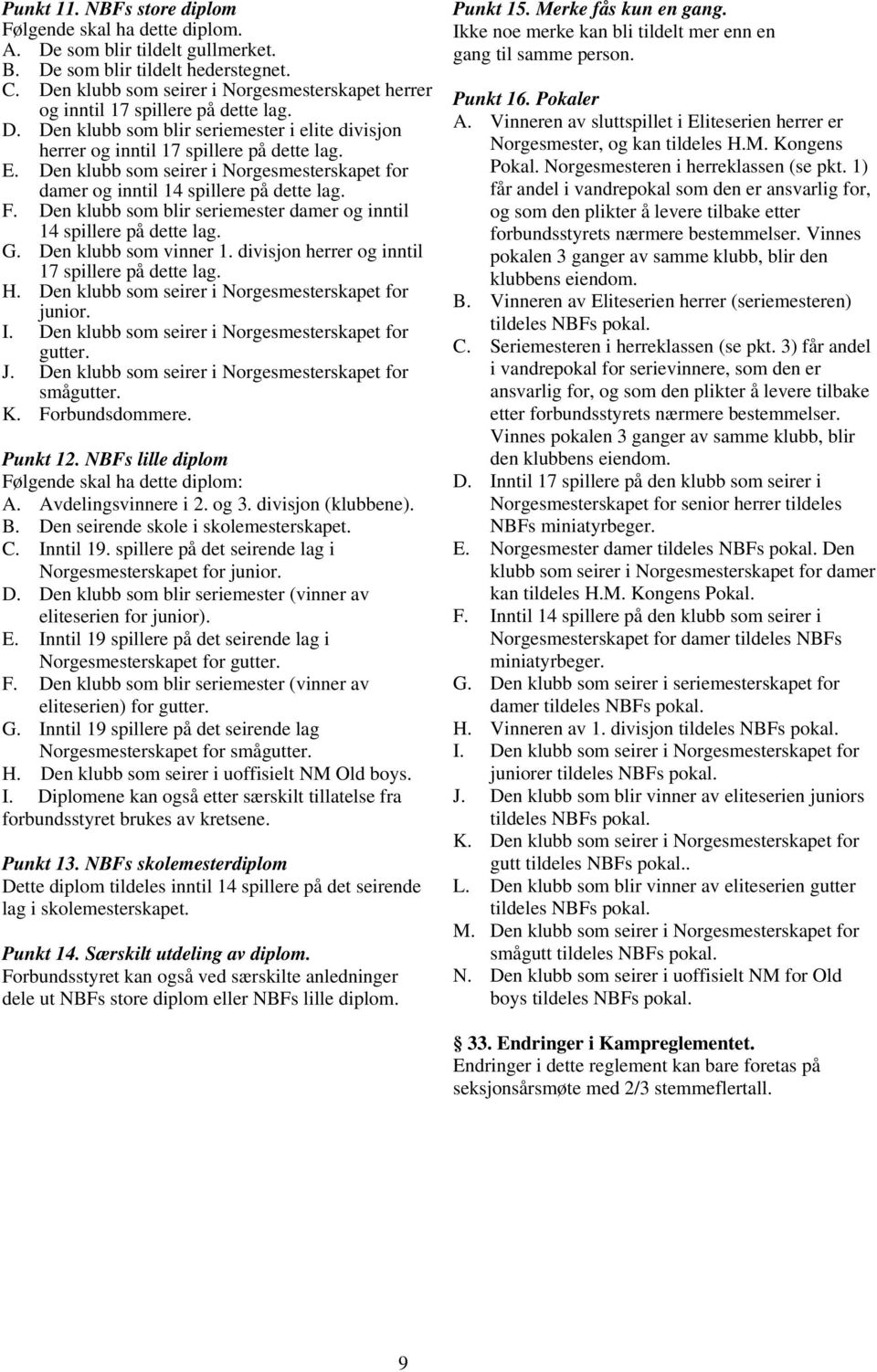 Den klubb som seirer i Norgesmesterskapet for damer og inntil 14 spillere på dette lag. F. Den klubb som blir seriemester damer og inntil 14 spillere på dette lag. G. Den klubb som vinner 1.