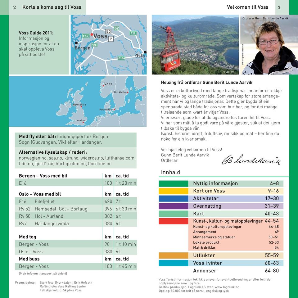 no, lufthansa.com, tide.no, fjord1.no, hurtigruten.no, fjordline.no Bergen Voss med bil E16 km ca. tid 100 1 t 20 min Oslo Voss med bil km ca.