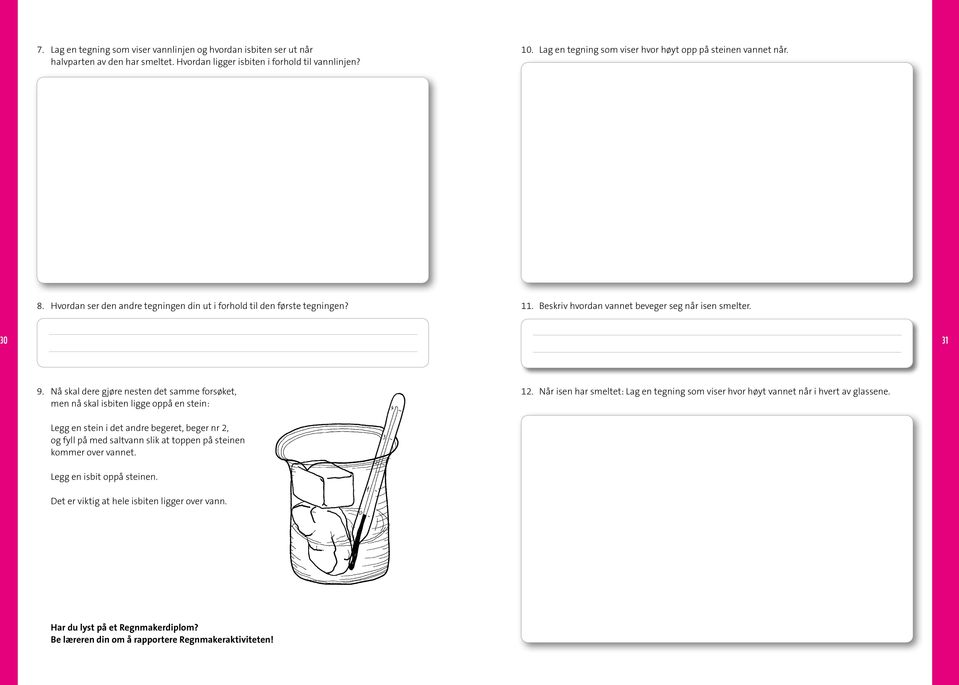 30 31 9. Nå skal dere gjøre nesten det samme forsøket, men nå skal isbiten ligge oppå en stein: 12. Når isen har smeltet: Lag en tegning som viser hvor høyt vannet når i hvert av glassene.