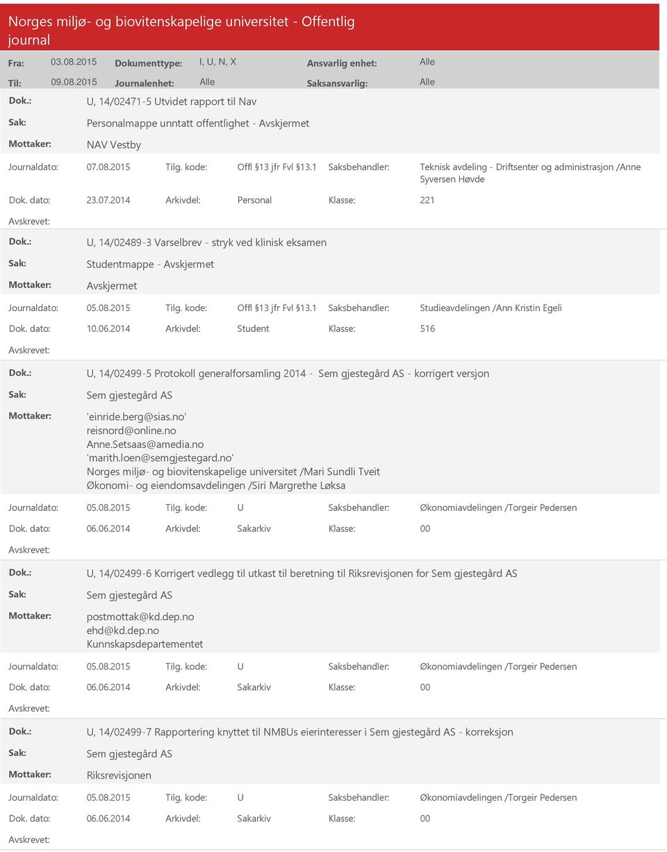 2014 Arkivdel: Student 516, 14/02499-5 Protokoll generalforsamling 2014 - Sem gjestegård AS - korrigert versjon Sem gjestegård AS 'einride.berg@sias.no' reisnord@online.no Anne.Setsaas@amedia.